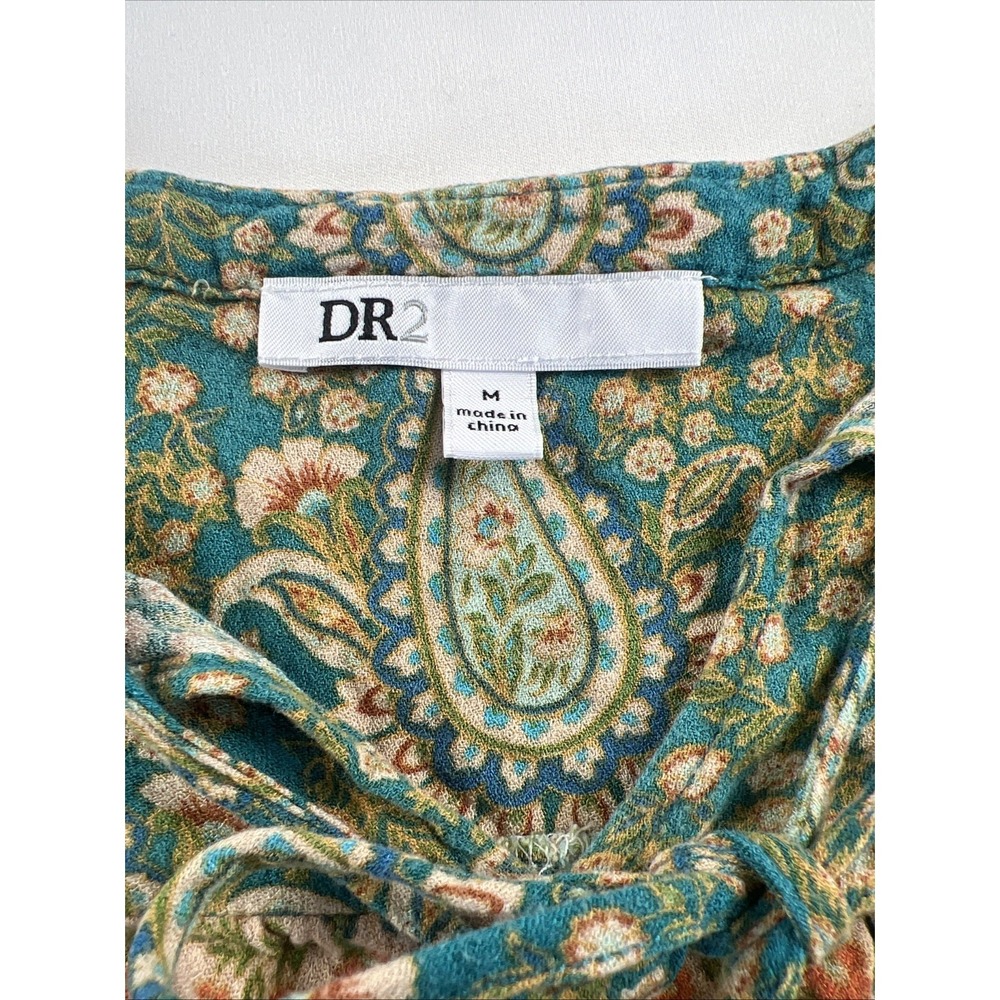DR2 Women's Medium Short Sleeve Paisley Floral Teal Orange Flowy Boho Blouse Top - Picture 2 of 7